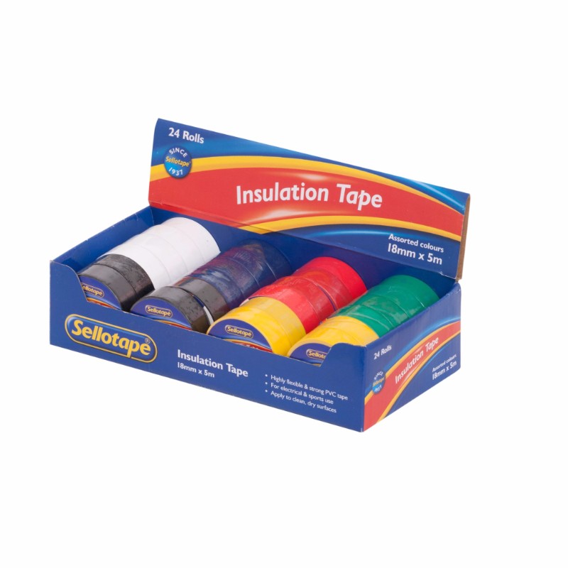 Sellotape Insulation Tape mixed colors, 18mmx5m, 24 rolls, ideal for insulation, repairs, and DIY projects.