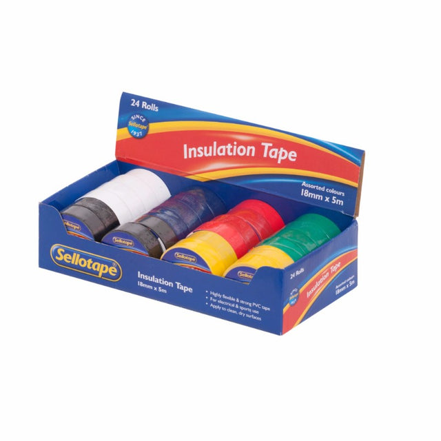 Sellotape Insulation Tape mixed colors, 18mmx5m, 24 rolls, ideal for insulation, repairs, and DIY projects.