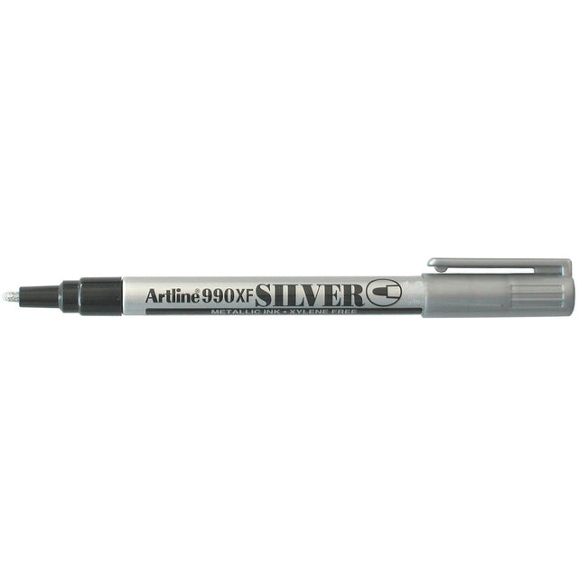 Set of 12 Artline 990 Silver Metallic Markers with 1.2mm nib for vibrant, fade-proof, and permanent marking on any surface.