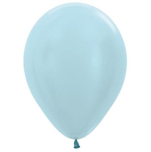 Pack of 50 satin pearl blue latex balloons, 30cm, perfect for elegant celebrations and decor enhancements.
