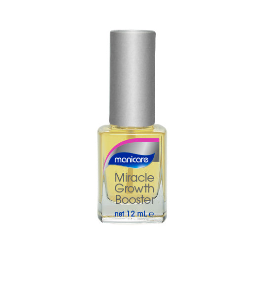 Manicare Miracle Growth Booster bottle designed for strengthening and nourishing short, brittle, and damaged nails.