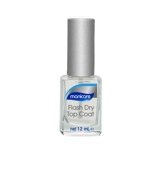 Manicare Flash Dry Top Coat offers a quick-drying, glossy finish that protects against chips and fading, ideal for busy lifestyles.