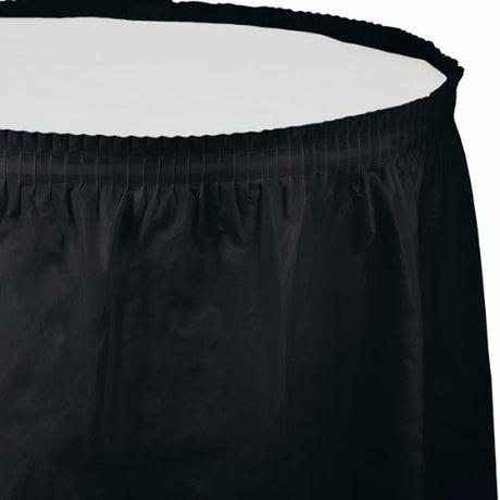Elegant black velvet table skirt with adhesive backing, perfect for events, 74cm x 4.26m, durable and easy to use.