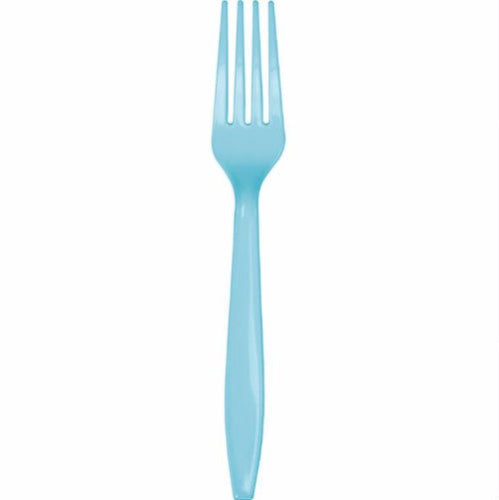 Pack of 12 pastel blue plastic forks, perfect for stylish parties and easy outdoor dining.