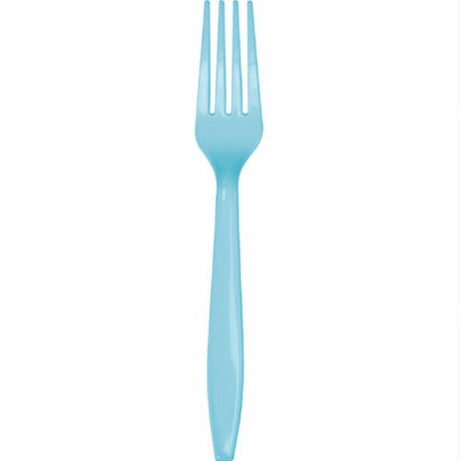 Pack of 12 pastel blue plastic forks, perfect for stylish parties and easy outdoor dining.
