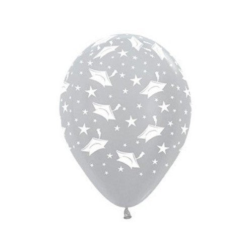 Satin pearl silver balloons featuring graduation hats and stars, perfect for elegant celebration decor, pack of 25.