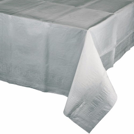 Shimmering silver plastic tablecover, 137cm x 274cm, perfect for elegant party decor and protection against spills.