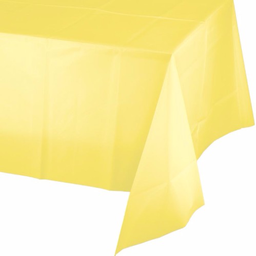 Vibrant Mimosa Yellow Plastic Tablecover, 137cm x 274cm, perfect for parties and easy clean-up.