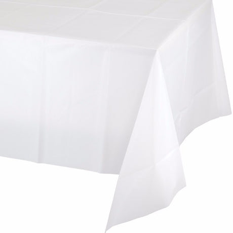 Elegant white plastic tablecover, 137cm x 274cm, ideal for weddings, parties, and protecting tables from spills.