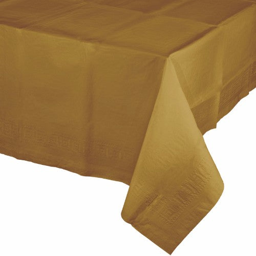 Elegant Glittering Gold Plastic Tablecover, 137cm x 274cm, perfect for festive celebrations and protecting surfaces.