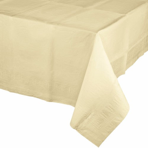 Ivory plastic tablecover 137cm x 274cm, ideal for elegant dining events, protecting tables while adding style.