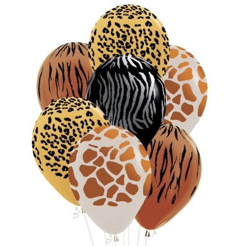 Vibrant pack of 25 assorted latex balloons featuring playful jungle animal designs for festive celebrations.