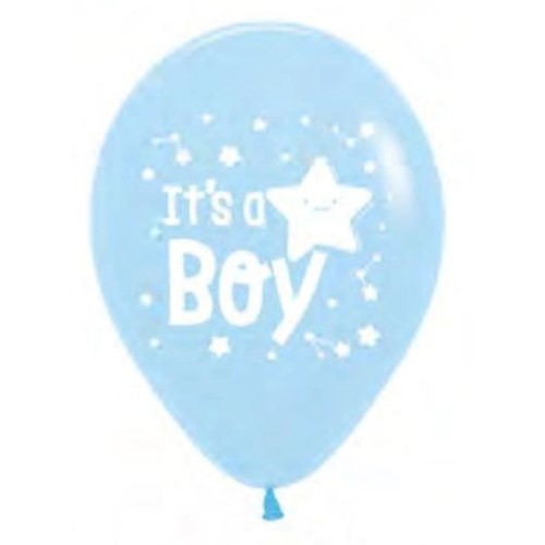Pack of 25 Sempertex 30cm star-shaped pastel blue balloons for celebrating a baby boy's arrival at showers or gender reveals.