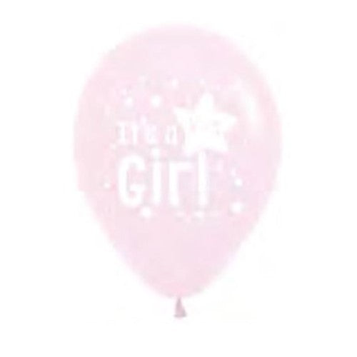 Sempertex 30cm It's a Girl balloons in pastel matte pink with star patterns, perfect for baby showers and celebrations.