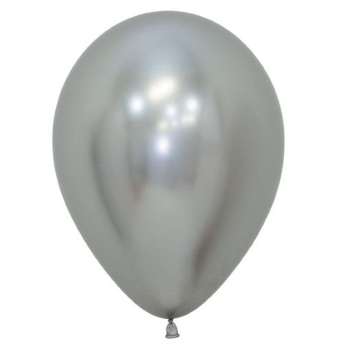 Pack of 100 Sempertex 30cm metallic reflex silver latex balloons, perfect for elegant party decor and versatile arrangements.