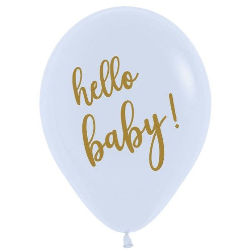Sempertex 30cm Hello Baby! white and gold ink latex balloons, perfect for baby showers and celebrations, pack of 25.