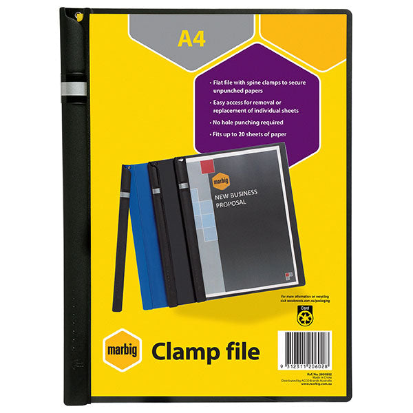 Marbig A4 Spine Clamp in black, a durable and space-saving file holder for organized documents.