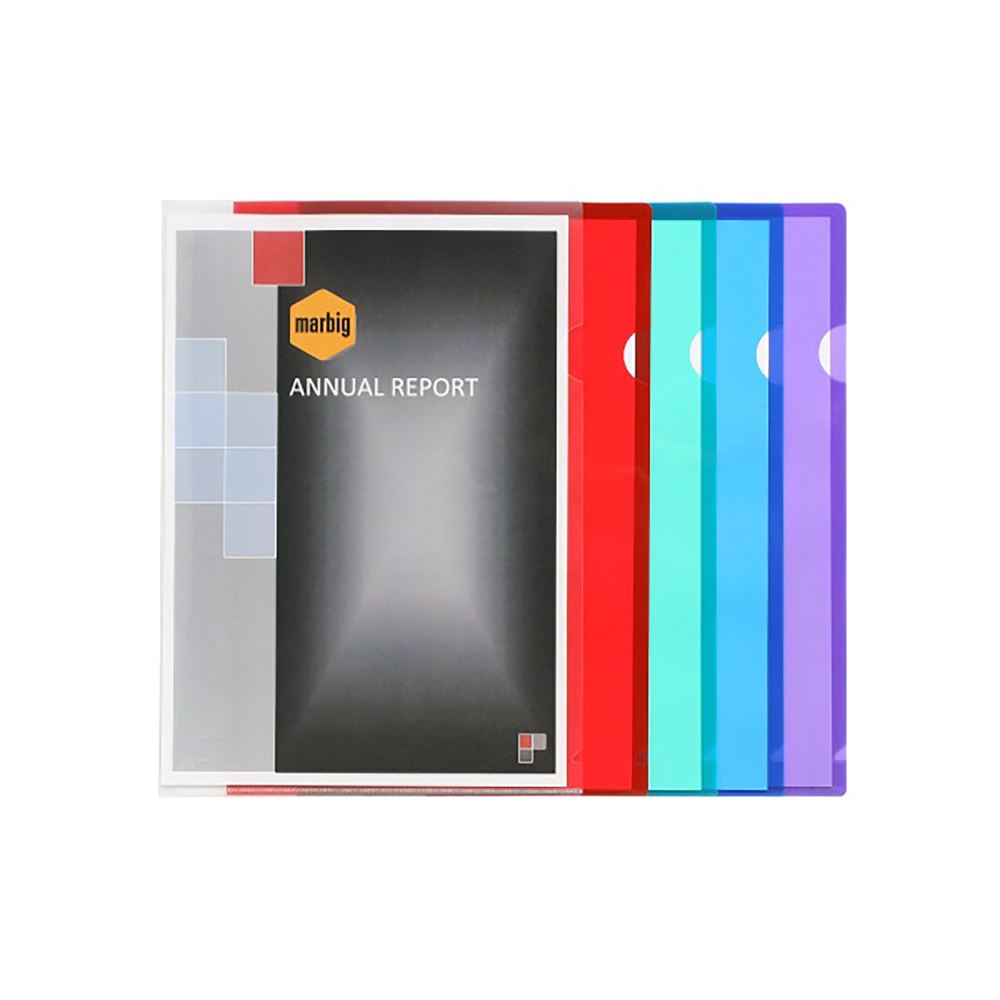 Marbig A4 Ultra PP Letter File Pack of 10 in assorted colors, designed for document organization and protection.