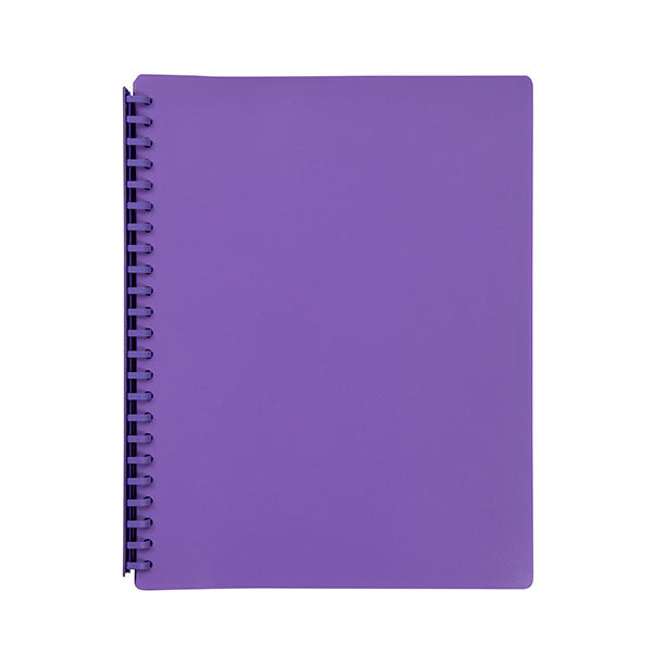 Marbig A4 refillable display book in vibrant purple with 20 clear pockets and a sleek black spine for document organization.