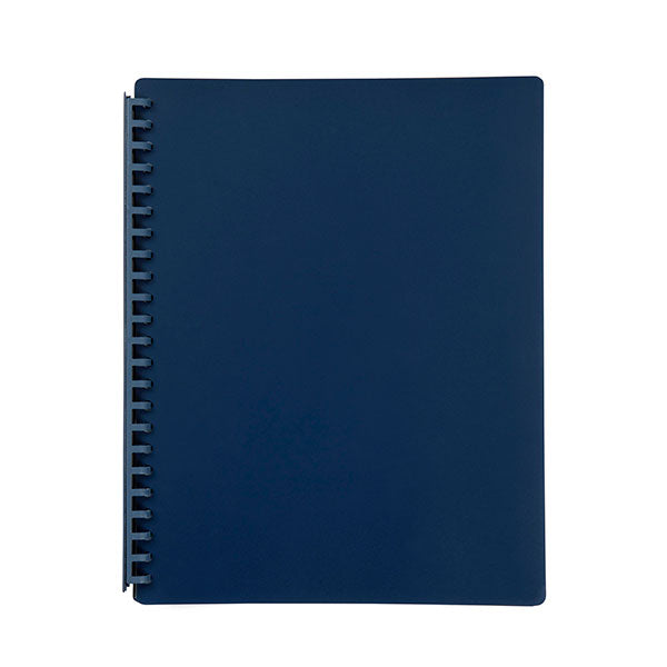 Marbig A4 display book in dark blue with 20 clear pockets and refillable spiral spine for organizing documents.