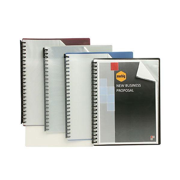 Pack of 12 Marbig A4 refillable display books in grey with clear front, featuring 20 pockets for document organization.