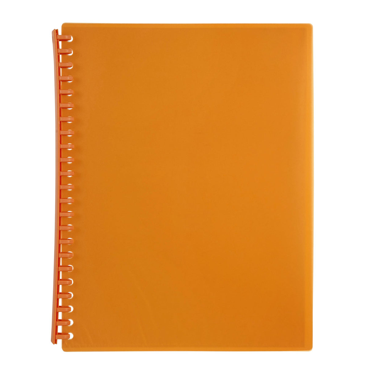 Pack of 10 vibrant orange refillable display books with 20 clear pockets for organizing and presenting documents.