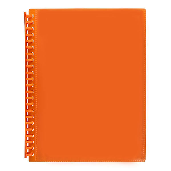 Marbig A4 20 Pocket Display Book in vibrant orange for organizing and showcasing important documents with clear pockets.