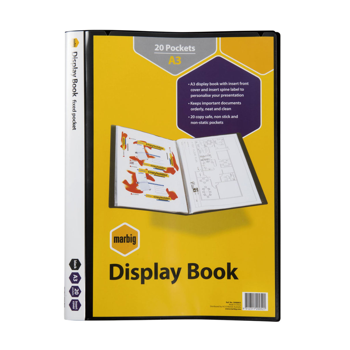 Marbig A3 display book with 20 pockets, black with customizable cover for professional presentations.