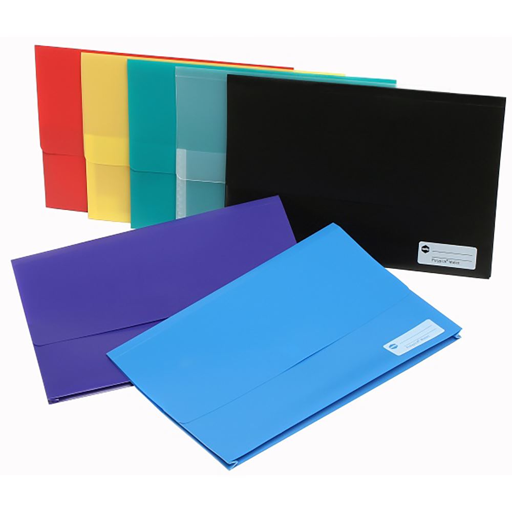 Transparent foolscap wallet with 25mm gusset for 220 pages, featuring a touch fastener and colorful summer hues.