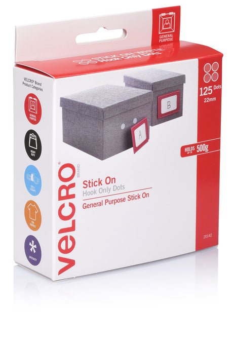 VELCRO® Brand Hook Fasteners in White, 22mm, pack of 125, perfect for organizing and securing items easily.