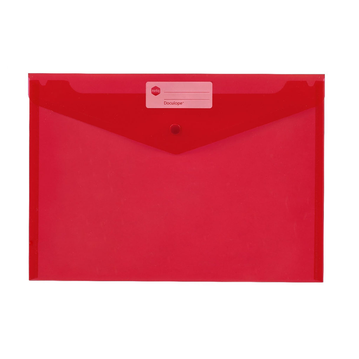 Marbig Doculope PP A4 Red, a durable document holder with button closure and ID panel, holds up to 150 pages securely.