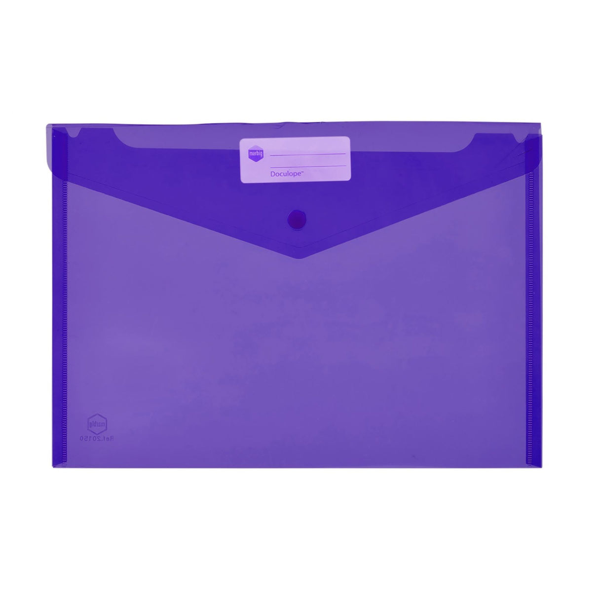 Marbig Doculope PP A4 in purple, a durable document holder with secure button closure and write-on ID panel, holds 150 pages.