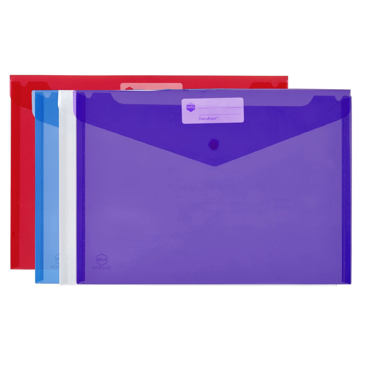 Colorful Marbig Doculope A4 document holder with secure button closure and write-on ID panel for easy content identification.