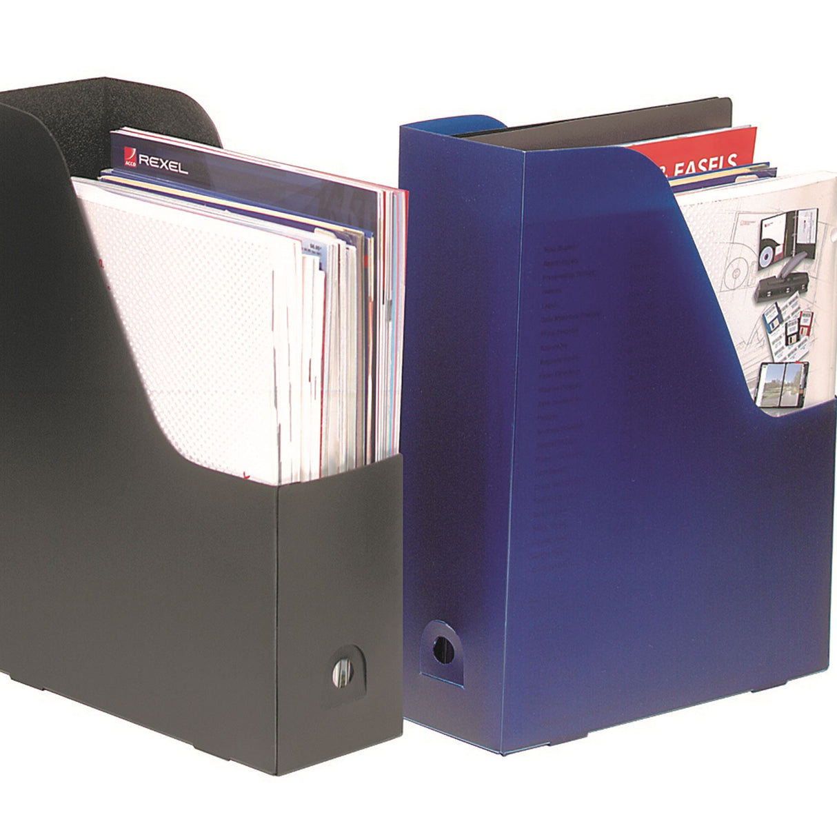 Marbig Magazine Holder in black, pack of 2, designed for organizing magazines and documents with 90mm capacity.