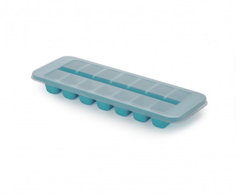 Joseph Joseph Flow Easy-fill Ice-cube Tray with linked cavities and stackable lid for easy, spill-free ice cube preparation.