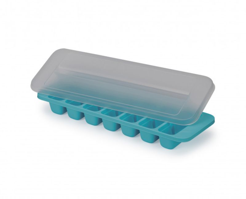 Joseph Joseph Flow Easy-fill Ice-cube Tray with linked cavities for easy filling, stackable lid, and 14 large ice cubes capacity.