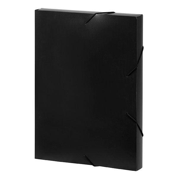 Pack of 10 Marbig Document Boxes in black, durable polypropylene, with elastic band closures for secure document storage.