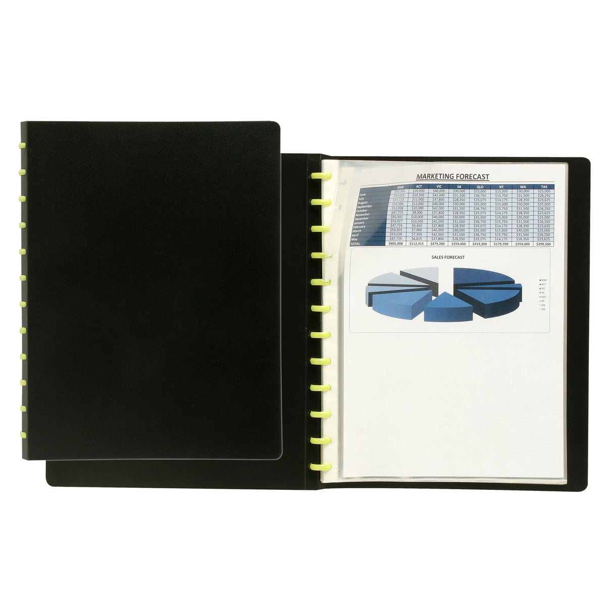 A4 Marbig Display Book with Kwik Zip action, 20 pockets, opens 180°, ideal for organizing and presenting documents.