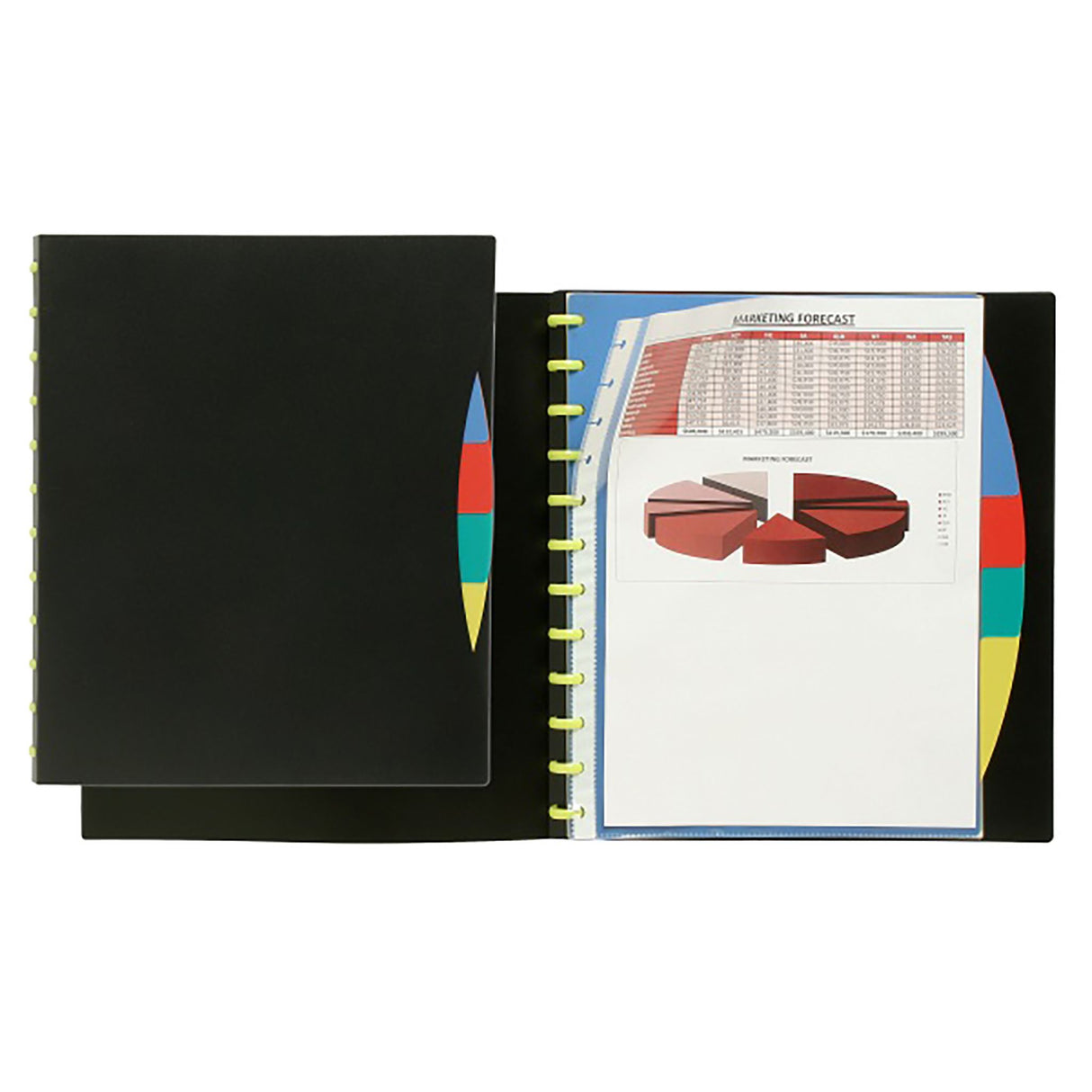 A sleek black A4 display book with Kwik Zip action, featuring 20 clear pockets and colorful PP dividers for easy organization.