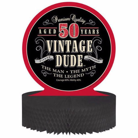 Vintage Dude 50th Birthday Centrepiece, a stylish honeycomb decoration adding retro charm to milestone celebrations.