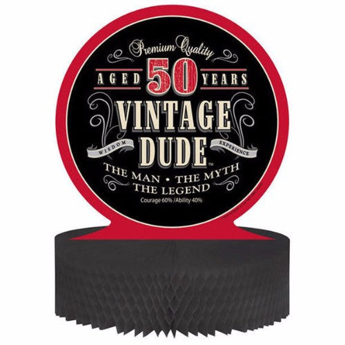 Vintage Dude 50th Birthday Centrepiece, a stylish honeycomb decoration adding retro charm to milestone celebrations.