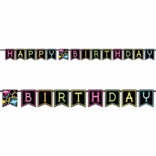 Glow Party Happy Birthday Ribbon Banner, 2.7m long with colorful pennants to enhance festive celebrations.