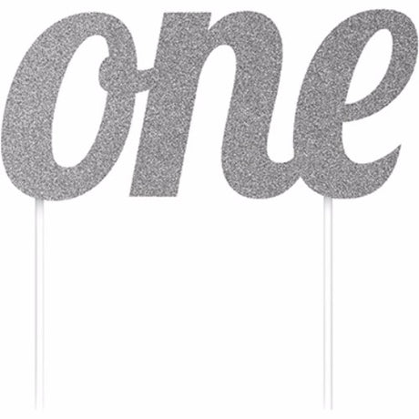 Elegant silver glitter cake topper measuring 14.6cm x 15cm, perfect for birthdays, weddings, and special events.