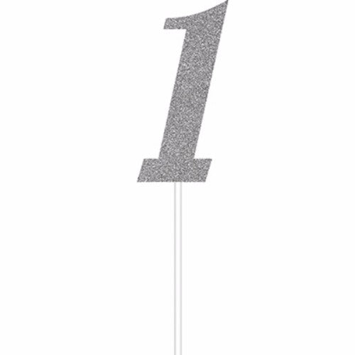 Silver glittered number 1 cake topper for first birthday and milestone celebrations, 15cm x 3cm, with durable plastic stick.