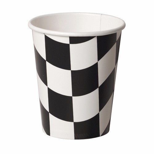 Pack of 8 black and white checkered paper cups for hot and cold beverages, stylish and eco-friendly for any event.