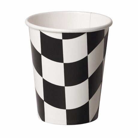 Pack of 8 black and white checkered paper cups for hot and cold beverages, stylish and eco-friendly for any event.