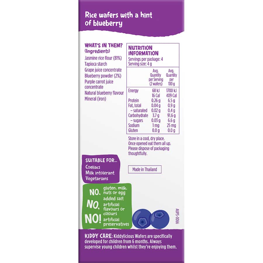 Kiddylicious Baby Snacks Wafers Blueberry 6+ Months 16g 4pack