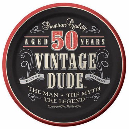 Vintage Dude 50th Birthday Luncheon Plates, pack of 8, featuring playful vintage designs for a stylish celebration.