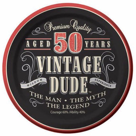 Vintage Dude 50th Birthday Luncheon Plates, pack of 8, featuring playful vintage designs for a stylish celebration.