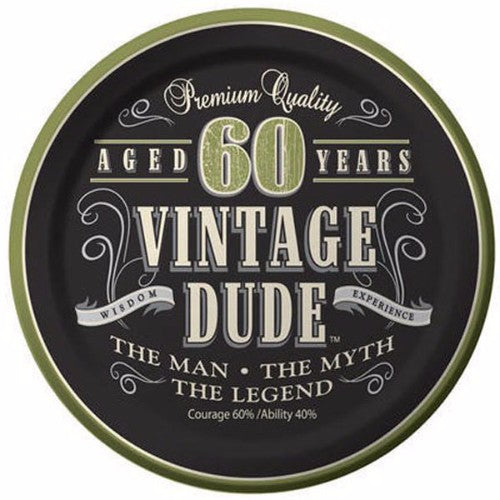 Vintage Dude 60th birthday luncheon plates, pack of 8, featuring a charming vintage design for milestone celebrations.
